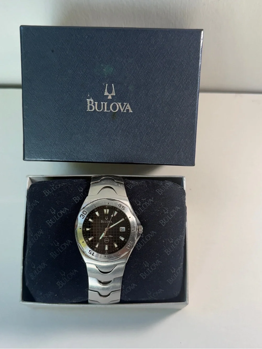 Bulova Marine Star Mens 38mm Blk Dial Silver Tone Date 96G14 New Batt, Full Kit